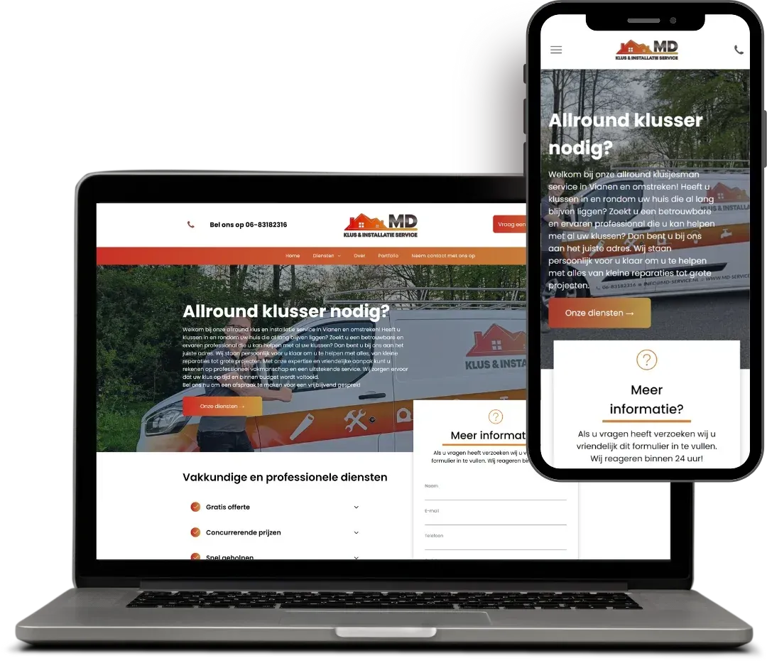 screenshot website van MD klus en installatie service Vianen